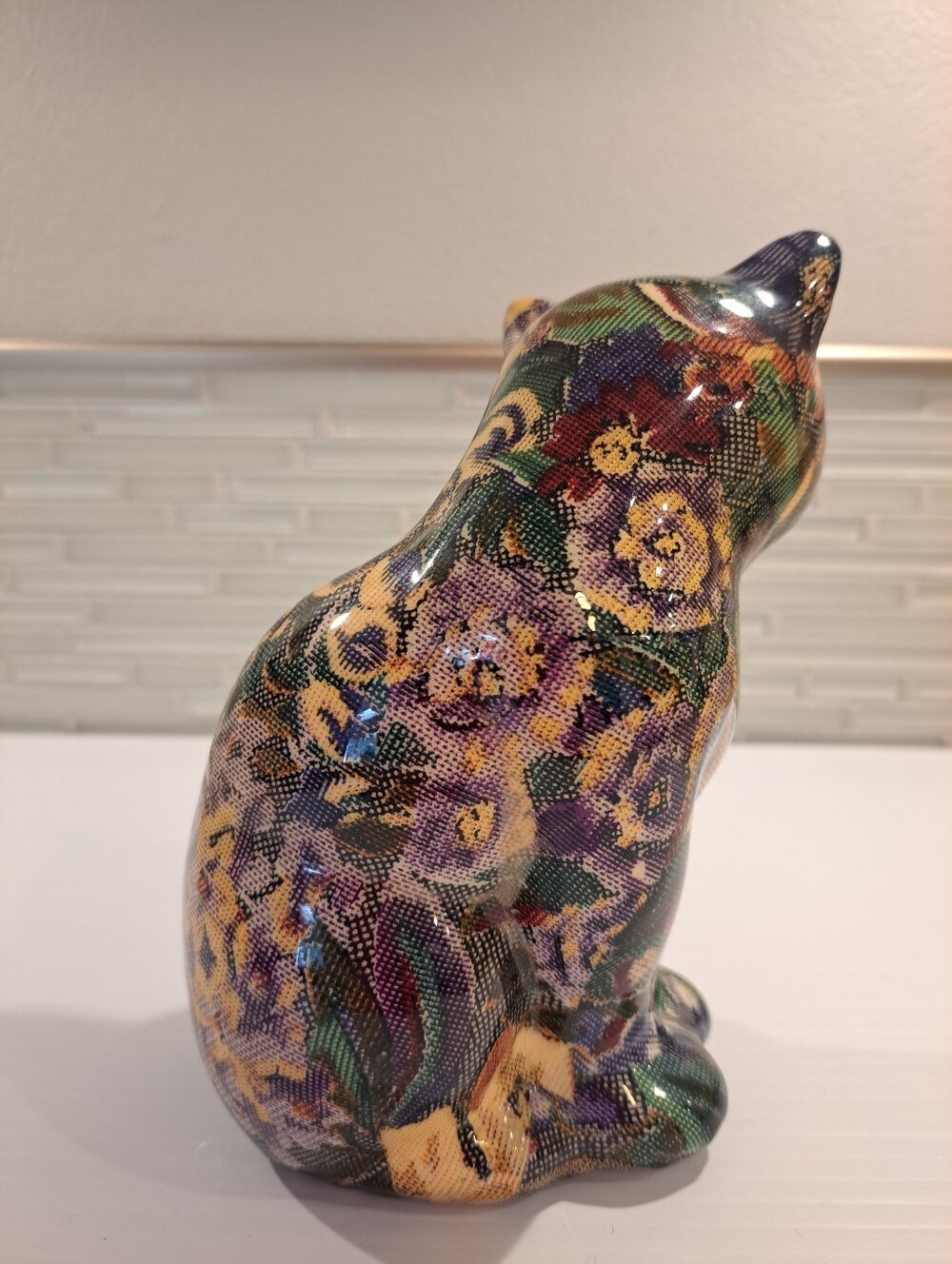 Vtg Decoupage Ceramic Cat Figurine Floral Patchwork Design 6.75" Tall Folk Art - Picture 3 of 7